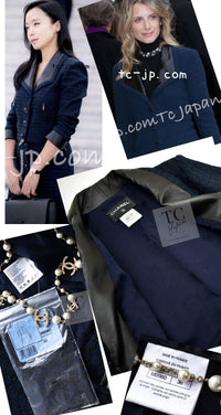 CHANEL 16S Navy Black Leather Trim Cotton Tweed Jacket 34 36 シャネル ネイビー ブラック レザー襟 コットン ツイード ジャケット 即発