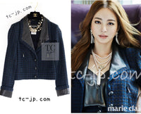 CHANEL 16S Navy Black Leather Trim Cotton Tweed Jacket 34 36 シャネル ネイビー ブラック レザー襟 コットン ツイード ジャケット 即発