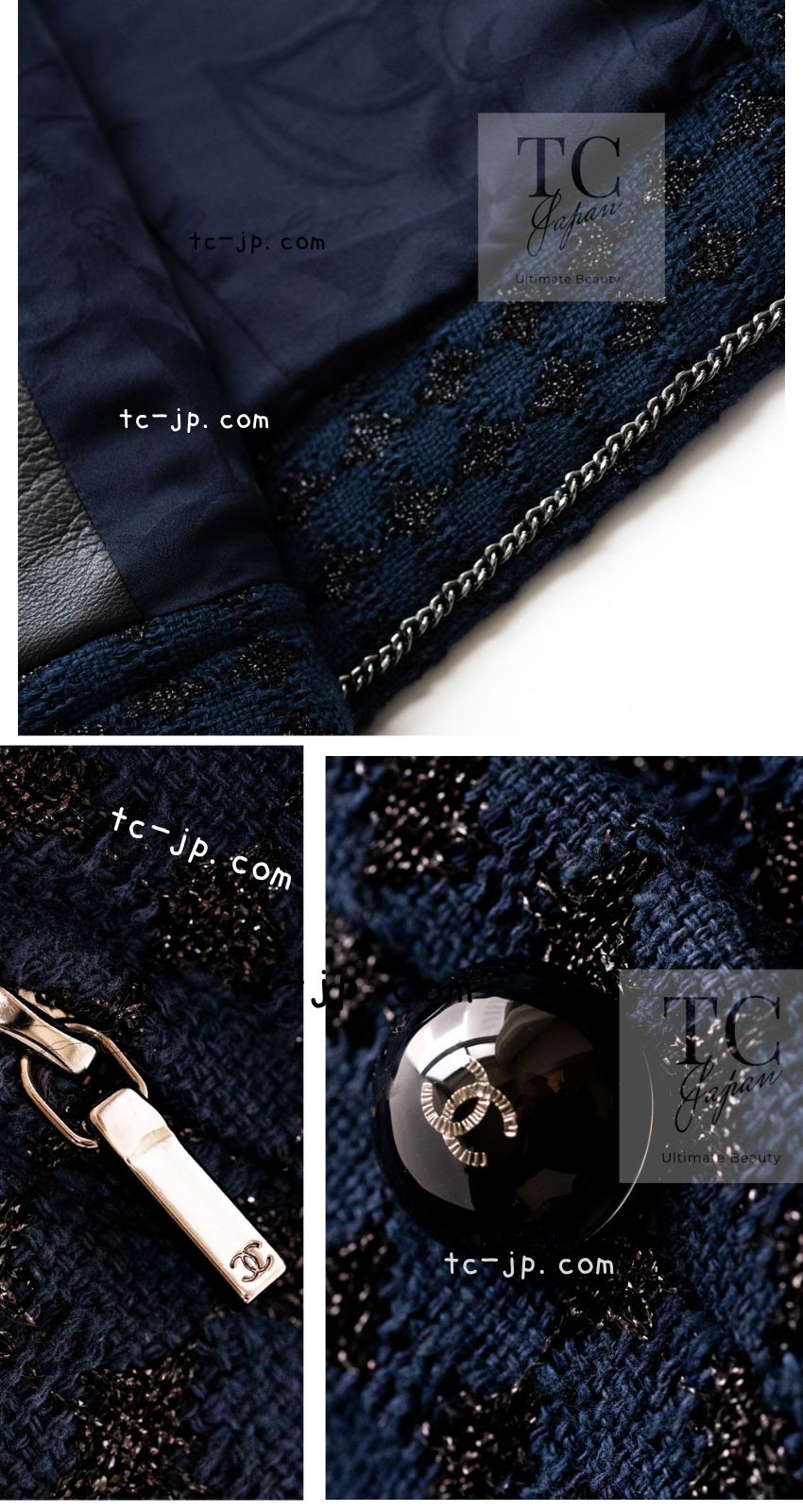 CHANEL 16S Navy Black Leather Trim Cotton Tweed Jacket 34 36 シャネル ネイビー ブラック レザー襟 コットン ツイード ジャケット 即発