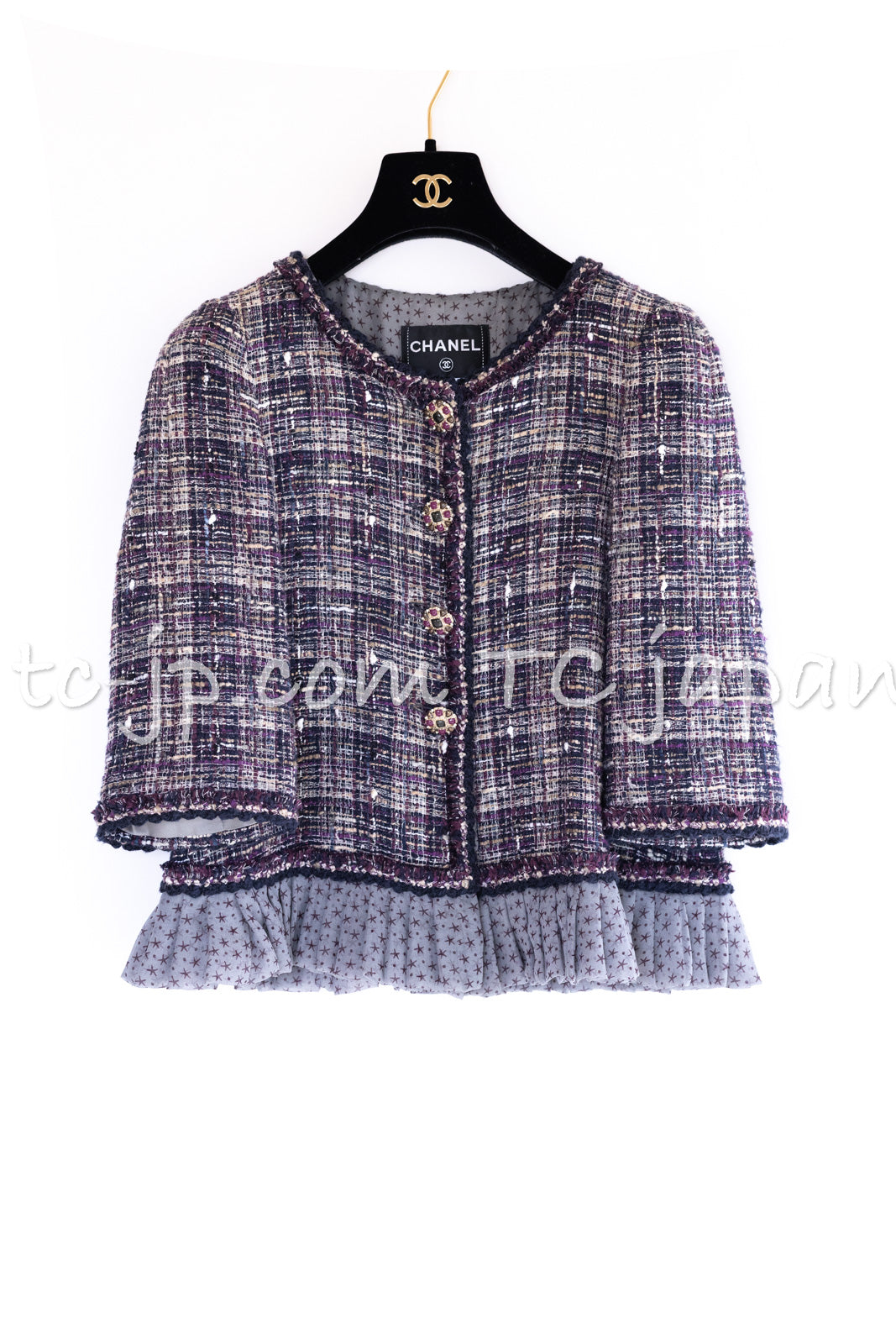 CHANEL 12S Purple Gray Cotton Tweed Silk Star Pleated Ruffle Jacket 34 シャネル パープル グレー コットン ツイード シルク スター プリーツ ラッフル ノーカラー ジャケット 即発