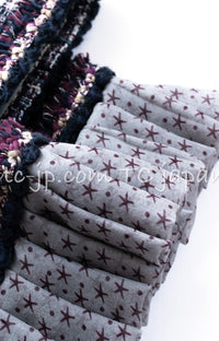 CHANEL 12S Purple Gray Cotton Tweed Silk Star Pleated Ruffle Jacket 34 シャネル パープル グレー コットン ツイード シルク スター プリーツ ラッフル ノーカラー ジャケット 即発