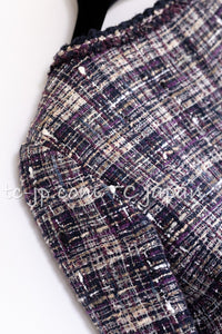 CHANEL 12S Purple Gray Cotton Tweed Silk Star Pleated Ruffle Jacket 34 シャネル パープル グレー コットン ツイード シルク スター プリーツ ラッフル ノーカラー ジャケット 即発