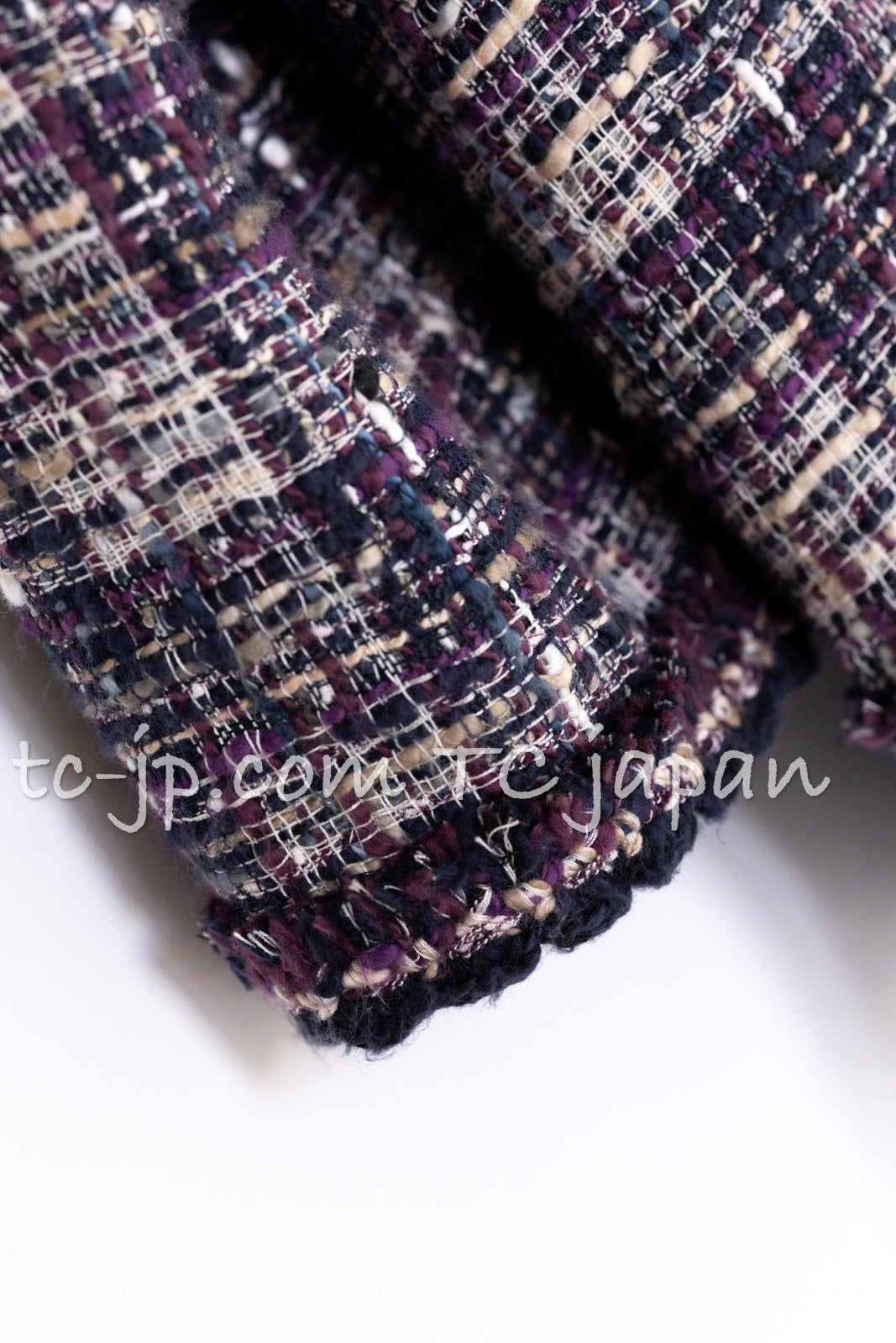 CHANEL 12S Purple Gray Cotton Tweed Silk Star Pleated Ruffle Jacket 34 シャネル パープル グレー コットン ツイード シルク スター プリーツ ラッフル ノーカラー ジャケット 即発