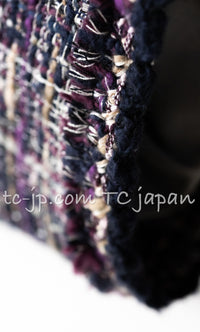 CHANEL 12S Purple Gray Cotton Tweed Silk Star Pleated Ruffle Jacket 34 シャネル パープル グレー コットン ツイード シルク スター プリーツ ラッフル ノーカラー ジャケット 即発
