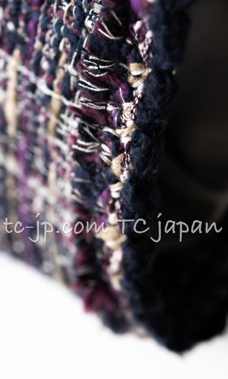 CHANEL 12S Purple Gray Cotton Tweed Silk Star Pleated Ruffle Jacket 34 シャネル パープル グレー コットン ツイード シルク スター プリーツ ラッフル ノーカラー ジャケット 即発