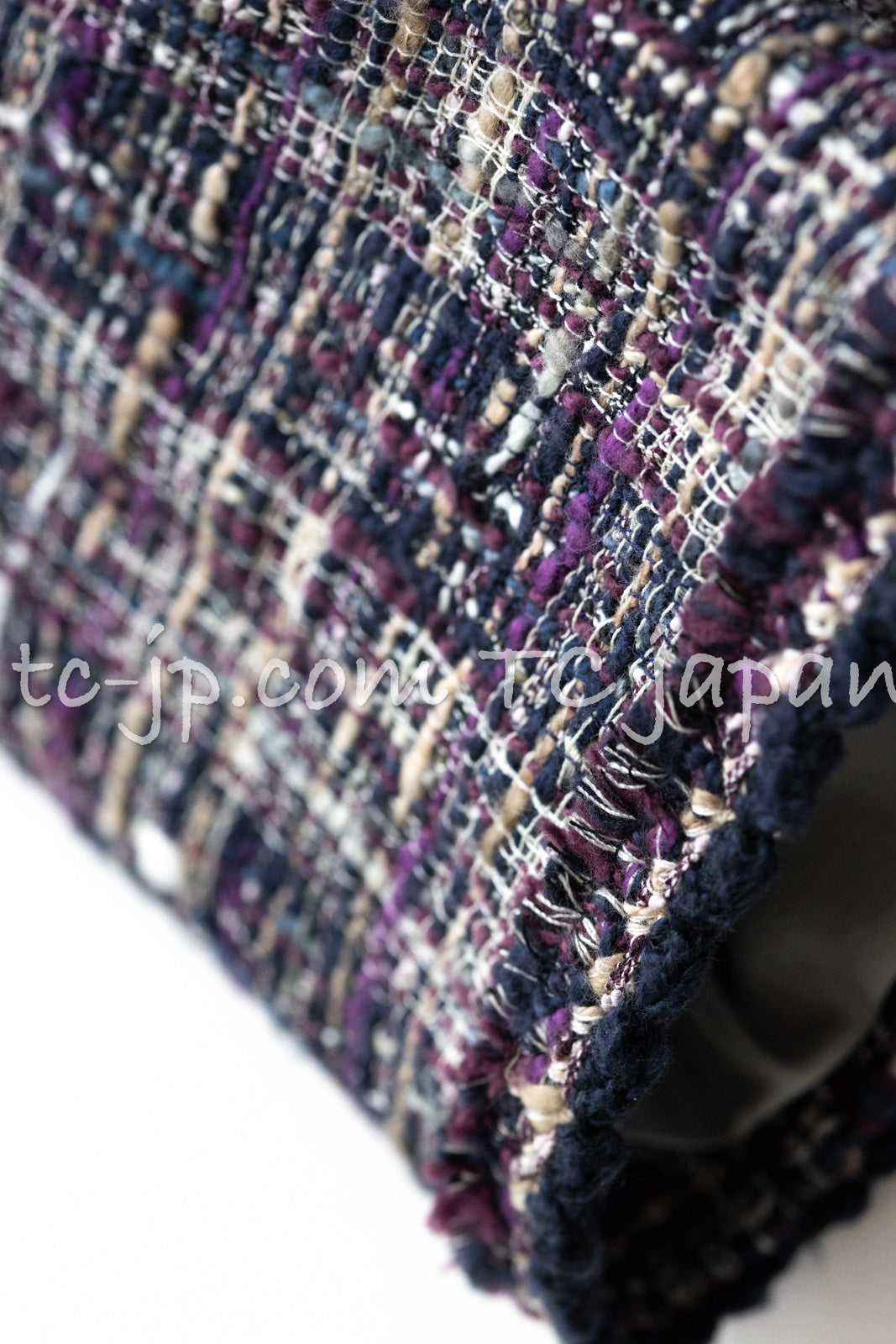 CHANEL 12S Purple Gray Cotton Tweed Silk Star Pleated Ruffle Jacket 34 シャネル パープル グレー コットン ツイード シルク スター プリーツ ラッフル ノーカラー ジャケット 即発