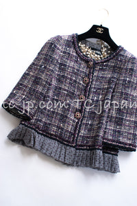 CHANEL 12S Purple Gray Cotton Tweed Silk Star Pleated Ruffle Jacket 34 シャネル パープル グレー コットン ツイード シルク スター プリーツ ラッフル ノーカラー ジャケット 即発