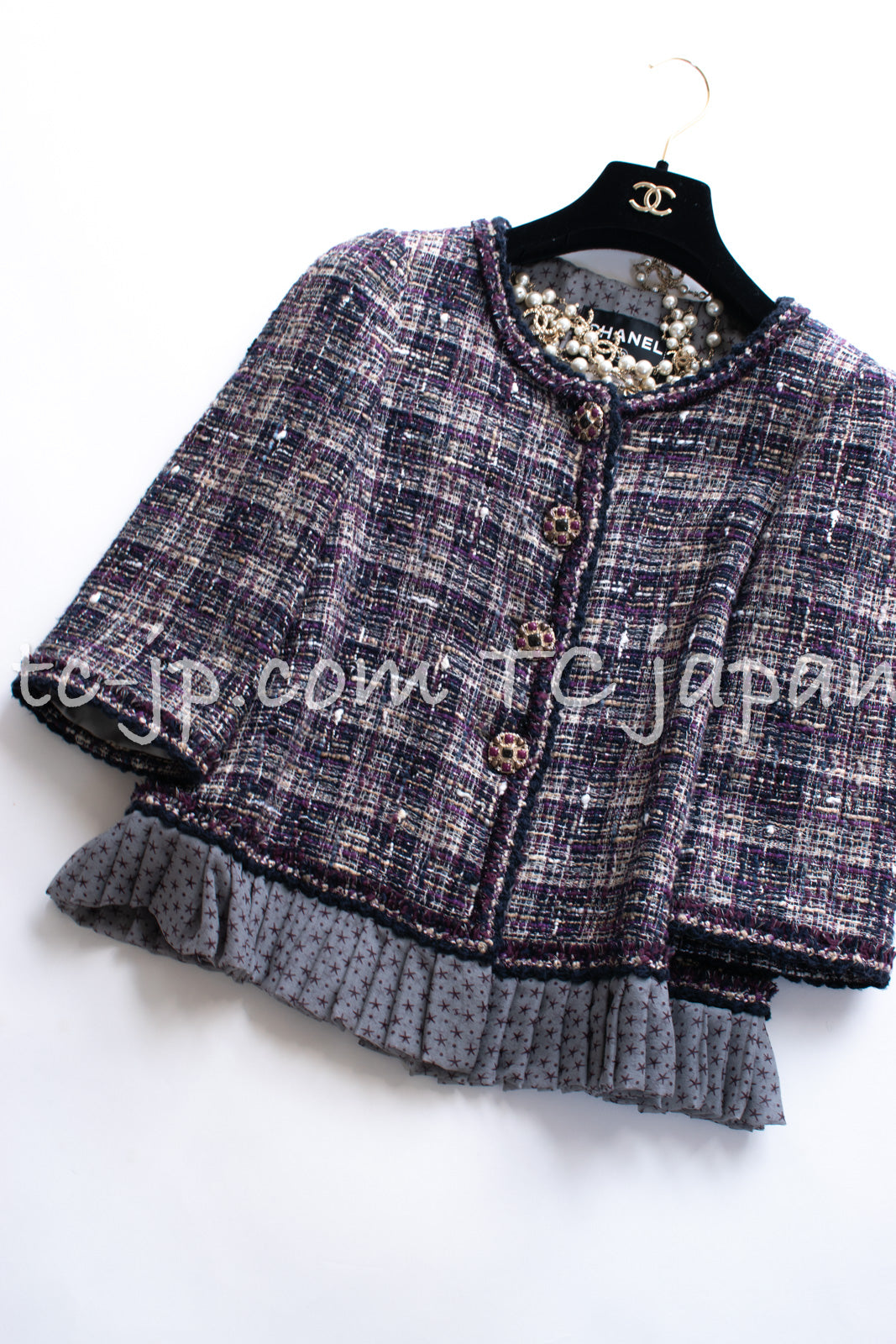 CHANEL 12S Purple Gray Cotton Tweed Silk Star Pleated Ruffle Jacket 34 シャネル パープル グレー コットン ツイード シルク スター プリーツ ラッフル ノーカラー ジャケット 即発