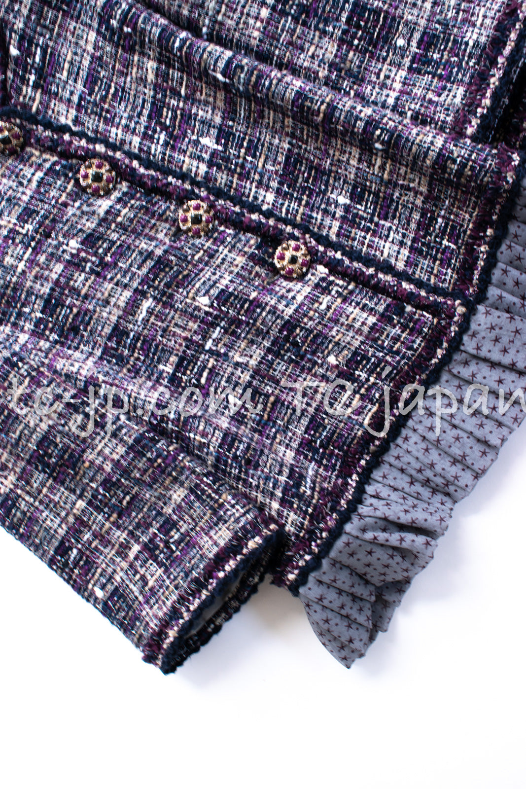 CHANEL 12S Purple Gray Cotton Tweed Silk Star Pleated Ruffle Jacket 34 シャネル パープル グレー コットン ツイード シルク スター プリーツ ラッフル ノーカラー ジャケット 即発