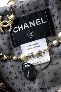 CHANEL 12S Purple Gray Cotton Tweed Silk Star Pleated Ruffle Jacket 34 シャネル パープル グレー コットン ツイード シルク スター プリーツ ラッフル ノーカラー ジャケット 即発