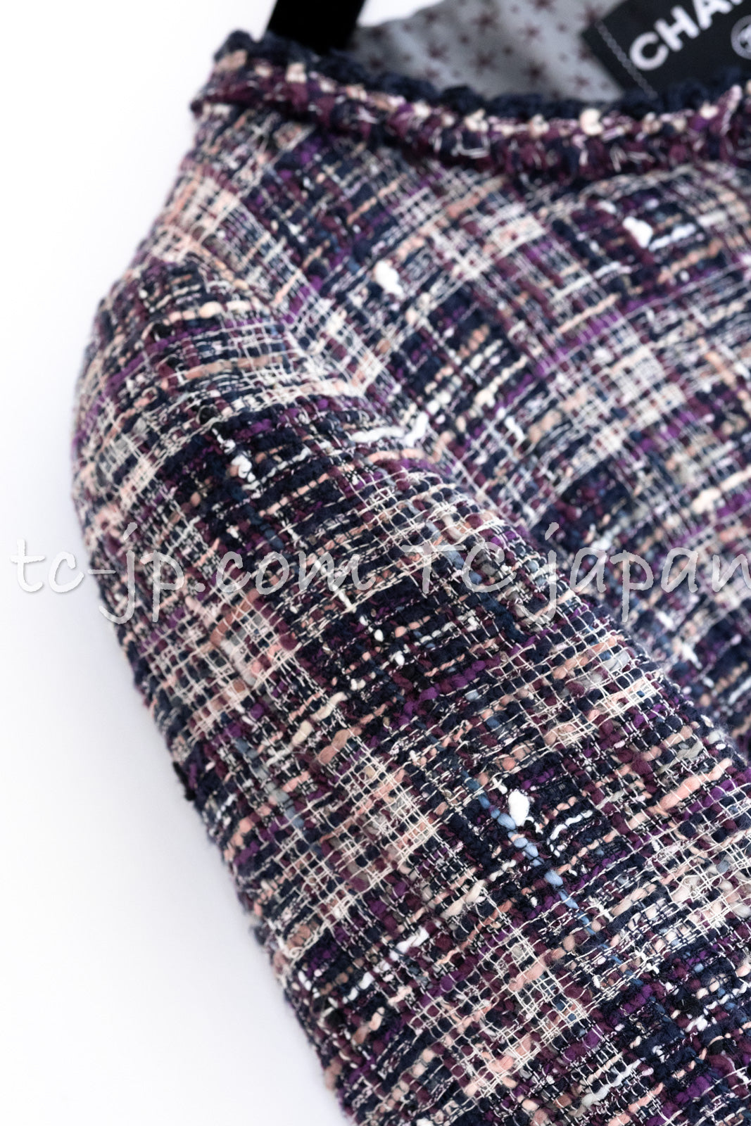 CHANEL 12S Purple Gray Cotton Tweed Silk Star Pleated Ruffle Jacket 34 シャネル パープル グレー コットン ツイード シルク スター プリーツ ラッフル ノーカラー ジャケット 即発