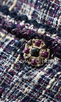 CHANEL 12S Purple Gray Cotton Tweed Silk Star Pleated Ruffle Jacket 34 シャネル パープル グレー コットン ツイード シルク スター プリーツ ラッフル ノーカラー ジャケット 即発