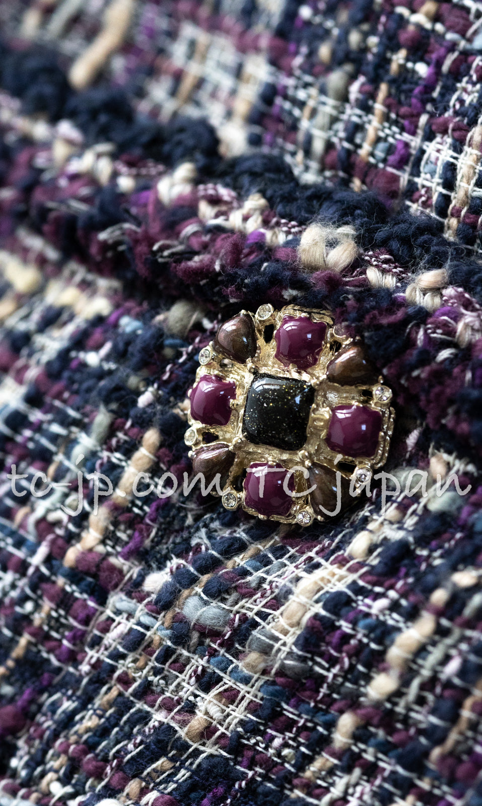 CHANEL 12S Purple Gray Cotton Tweed Silk Star Pleated Ruffle Jacket 34 シャネル パープル グレー コットン ツイード シルク スター プリーツ ラッフル ノーカラー ジャケット 即発