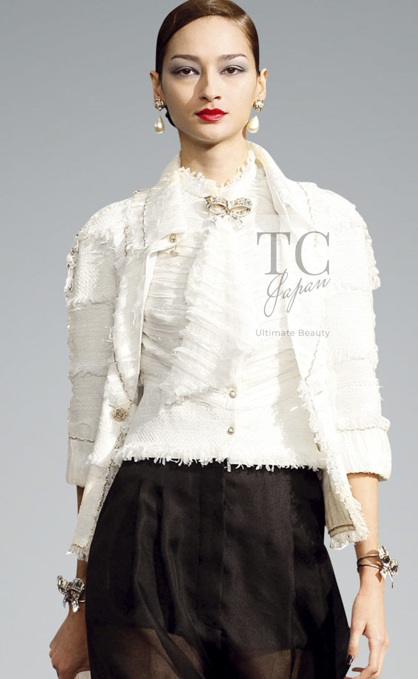 CHANEL 08S Ivory Creme Cotton Silk Chiffon Chain Trim Jacket 42 シャネル アイボリー クリーム コットン シルク シフォン チェーン トリム ジャケット 即発