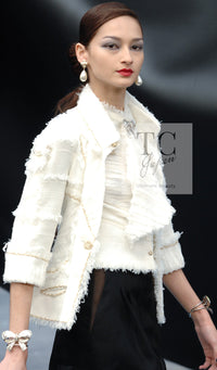 CHANEL 08S Ivory Creme Cotton Silk Chiffon Chain Trim Jacket 42 シャネル アイボリー クリーム コットン シルク シフォン チェーン トリム ジャケット 即発