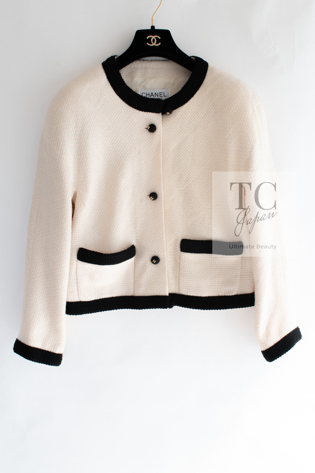 CHANEL 90S Vintage Ivory Black Braid Trim CC Ball Buttons Tweed Jacket 44 46 シャネル ヴィンテージ アイボリー ブラック ブレードトリム CCロゴ 手毬ボタン ツイード ジャケット 即発