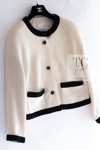 CHANEL 90S Vintage Ivory Black Braid Trim CC Ball Buttons Tweed Jacket 44 46 シャネル ヴィンテージ アイボリー ブラック ブレードトリム CCロゴ 手毬ボタン ツイード ジャケット 即発