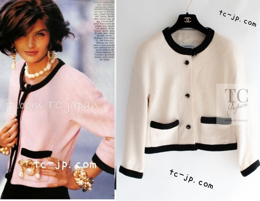 CHANEL 90S Vintage Ivory Black Braid Trim CC Ball Buttons Tweed Jacket 44 46 シャネル ヴィンテージ アイボリー ブラック ブレードトリム CCロゴ 手毬ボタン ツイード ジャケット 即発