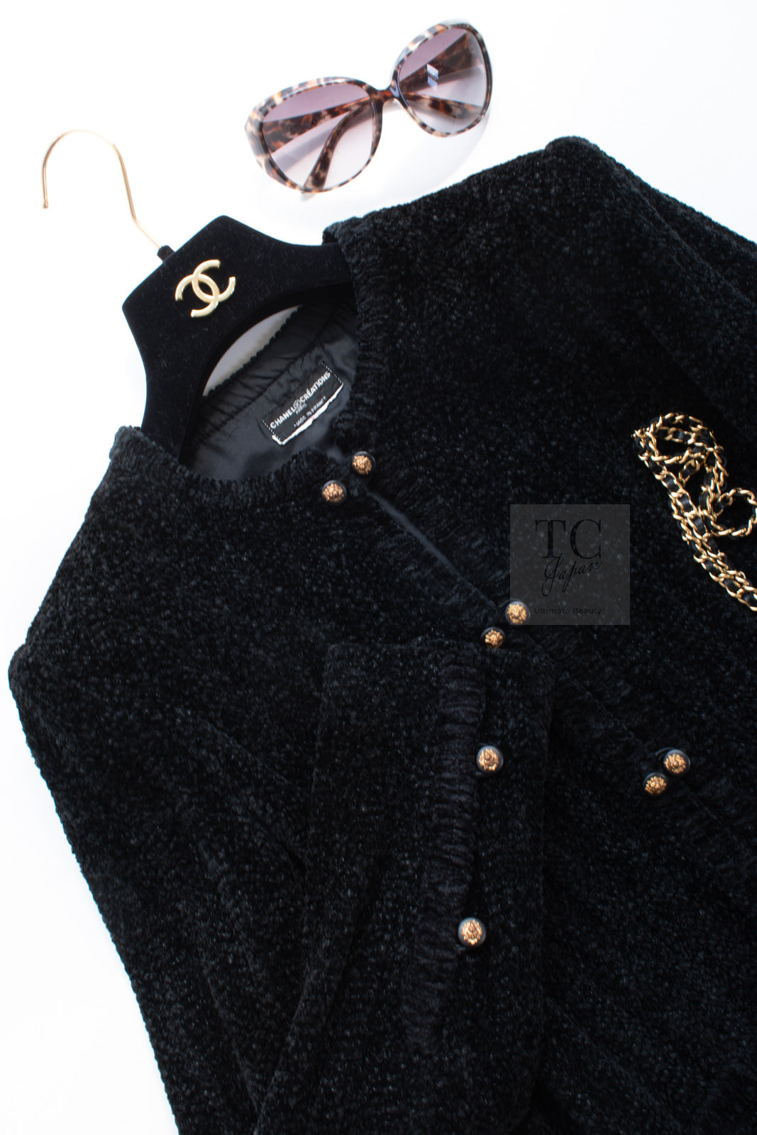 CHANEL Vintage Creations Little Black Jacket Lion Buttons Collarless 36 38 シャネル ヴィンテージ リトル ブラック ジャケット ライオン ボタン ベロア ベルベット ノーカラー 即発
