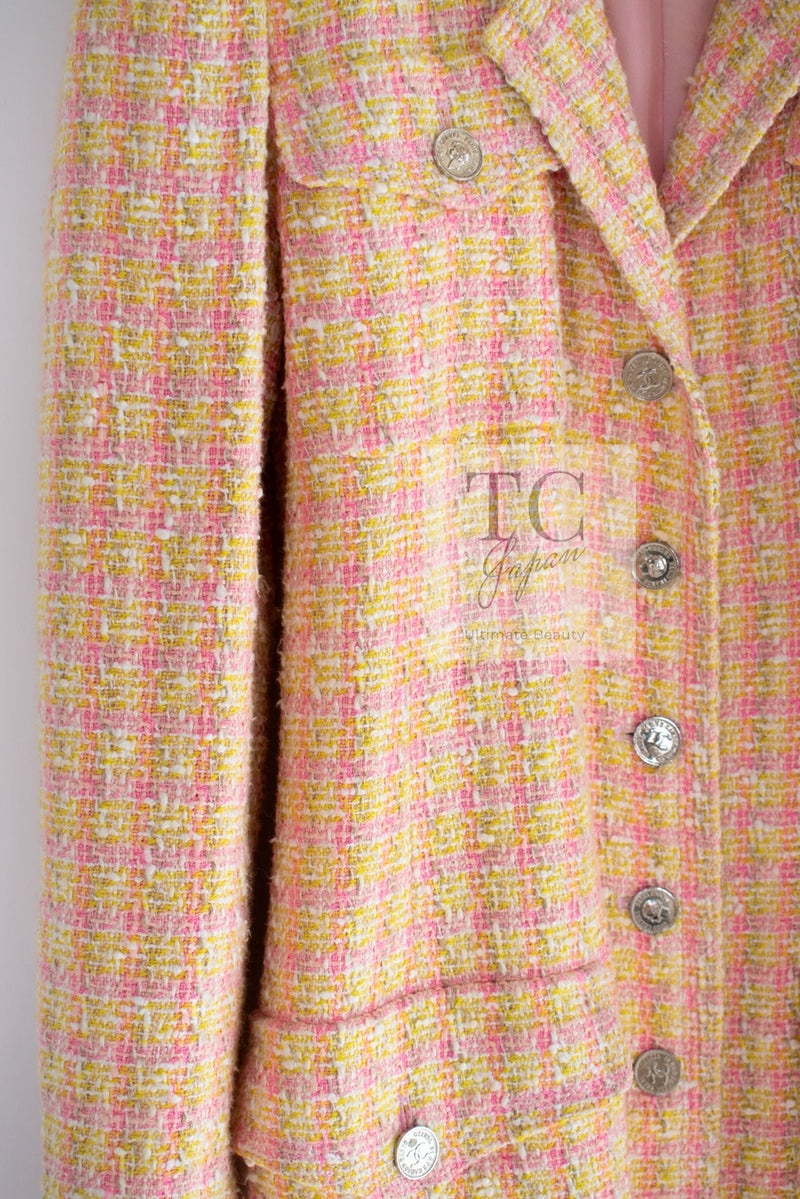 CHANEL 96S Pink Yellow Multicolor Cotton Wool Tweed Jacket Coat 38 シャネル ピンク イエロー マルチカラー コットン ウール ツイード ジャケット コート 即発