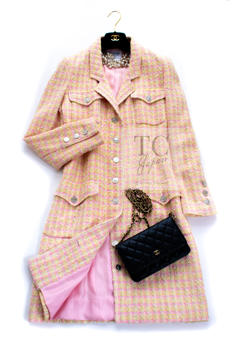 CHANEL 96S Pink Yellow Multicolor Cotton Wool Tweed Jacket Coat 38 シャネル ピンク イエロー マルチカラー コットン ウール ツイード ジャケット コート 即発