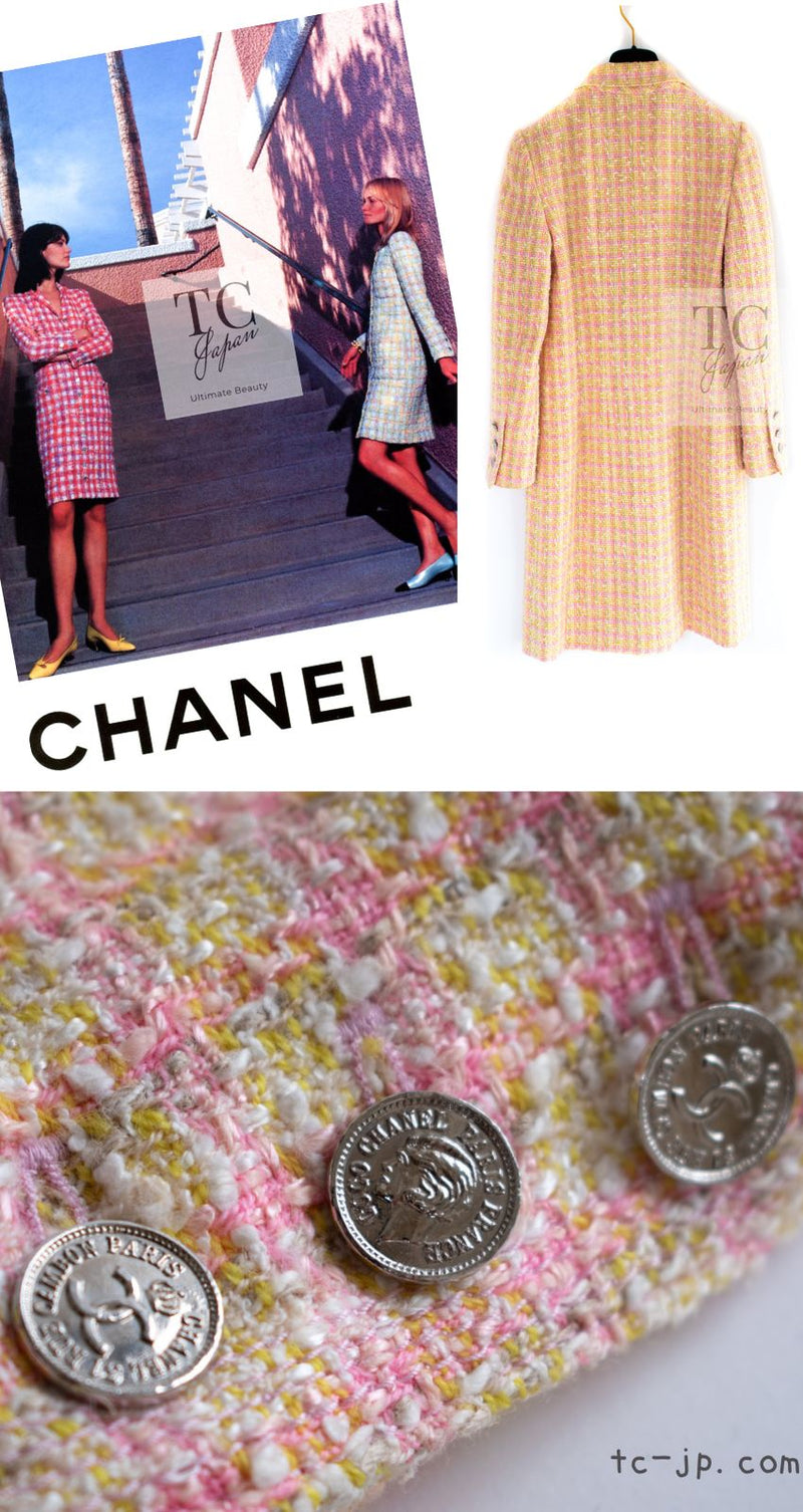 CHANEL 96S Pink Yellow Multicolor Cotton Wool Tweed Jacket Coat 38 シャネル ピンク イエロー マルチカラー コットン ウール ツイード ジャケット コート 即発
