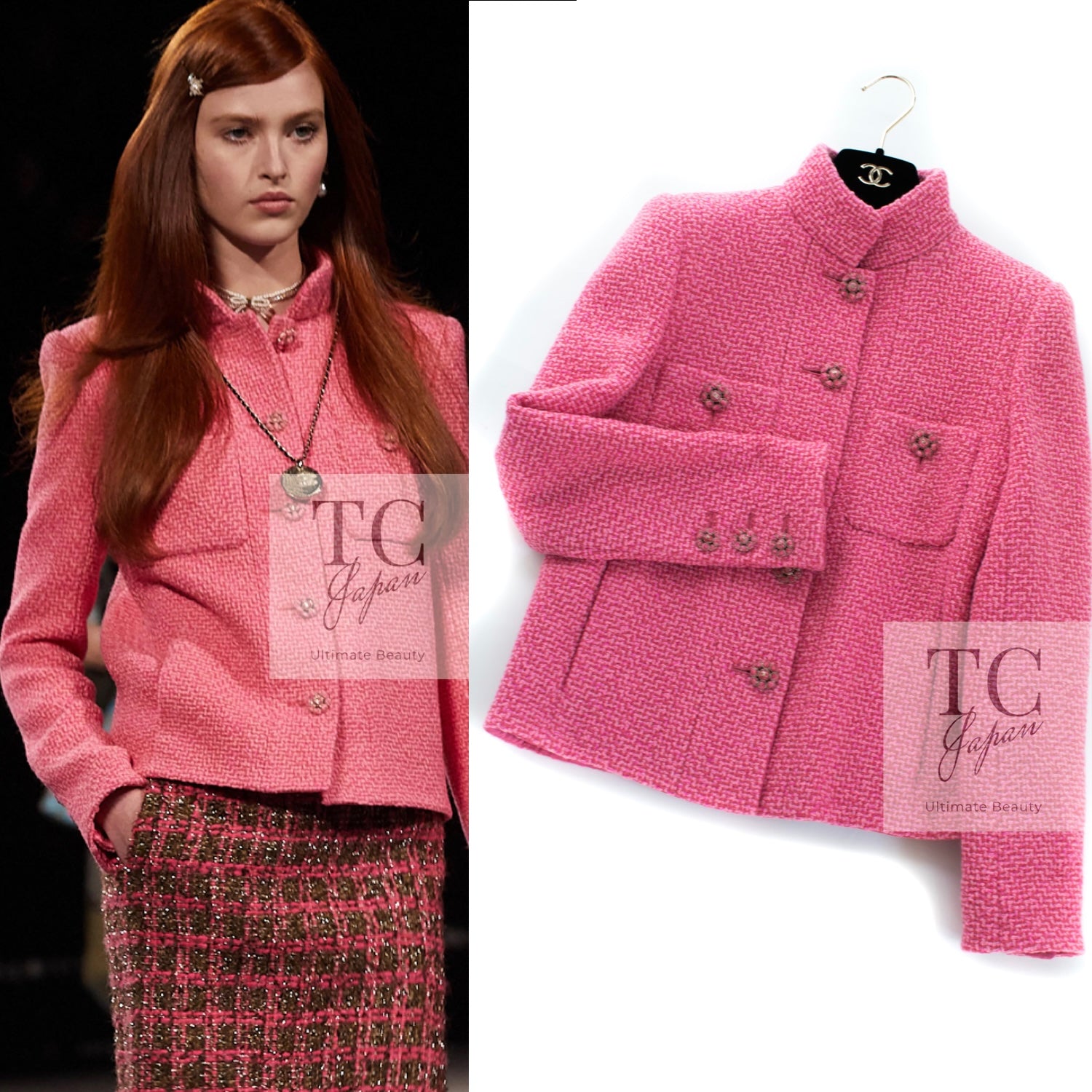 CHANEL 22A Pink Wool 100% Tweed Stand Mandarine Collar Jacket 34 36 シャネル ピンク ウール 100% ツイード マンダリン スタンド カラー ジャケット 即発