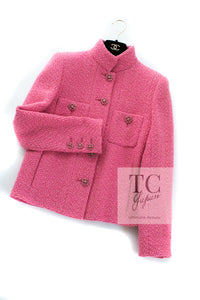 CHANEL 22A Pink Wool 100% Tweed Stand Mandarine Collar Jacket 34 36 シャネル ピンク ウール 100% ツイード マンダリン スタンド カラー ジャケット 即発