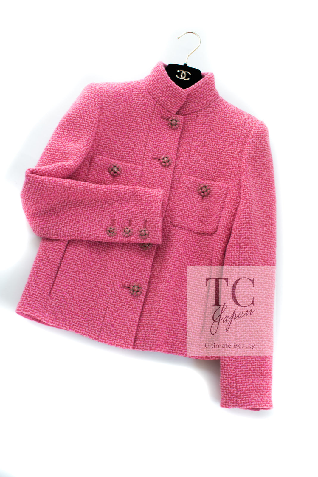 CHANEL 22A Pink Wool 100% Tweed Stand Mandarine Collar Jacket 34 36 シャネル ピンク ウール 100% ツイード マンダリン スタンド カラー ジャケット 即発