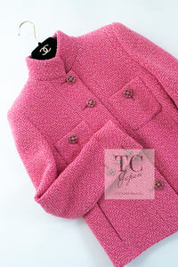 CHANEL 22A Pink Wool 100% Tweed Stand Mandarine Collar Jacket 34 36 シャネル ピンク ウール 100% ツイード マンダリン スタンド カラー ジャケット 即発