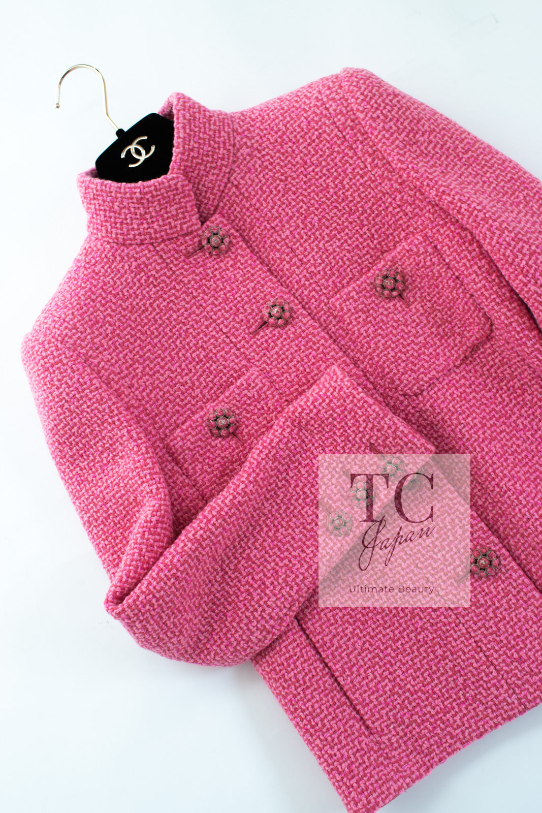 CHANEL 22A Pink Wool 100% Tweed Stand Mandarine Collar Jacket 34 36 シャネル ピンク ウール 100% ツイード マンダリン スタンド カラー ジャケット 即発