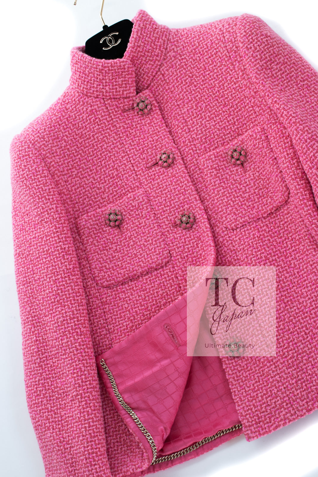 CHANEL 22A Pink Wool 100% Tweed Stand Mandarine Collar Jacket 34 36 シャネル ピンク ウール 100% ツイード マンダリン スタンド カラー ジャケット 即発
