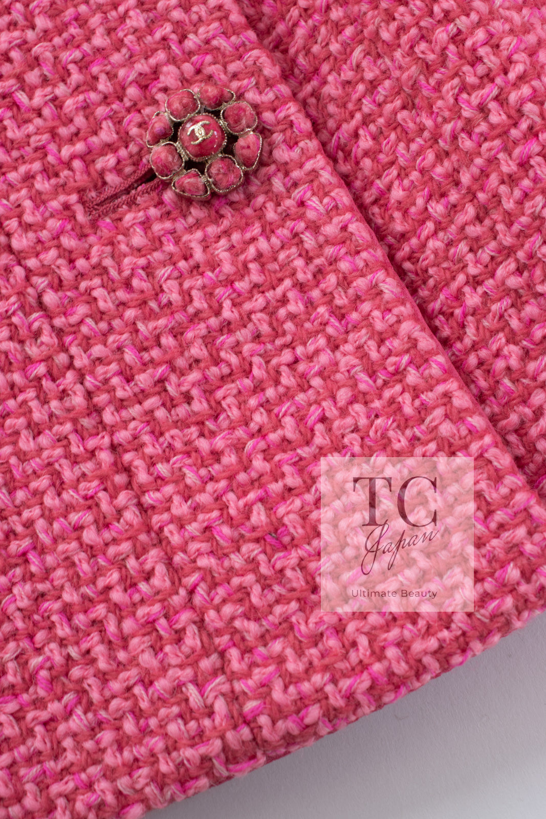 CHANEL 22A Pink Wool 100% Tweed Stand Mandarine Collar Jacket 34 36 シャネル ピンク ウール 100% ツイード マンダリン スタンド カラー ジャケット 即発