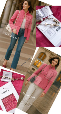 CHANEL 22A Pink Wool 100% Tweed Stand Mandarine Collar Jacket 34 36 シャネル ピンク ウール 100% ツイード マンダリン スタンド カラー ジャケット 即発