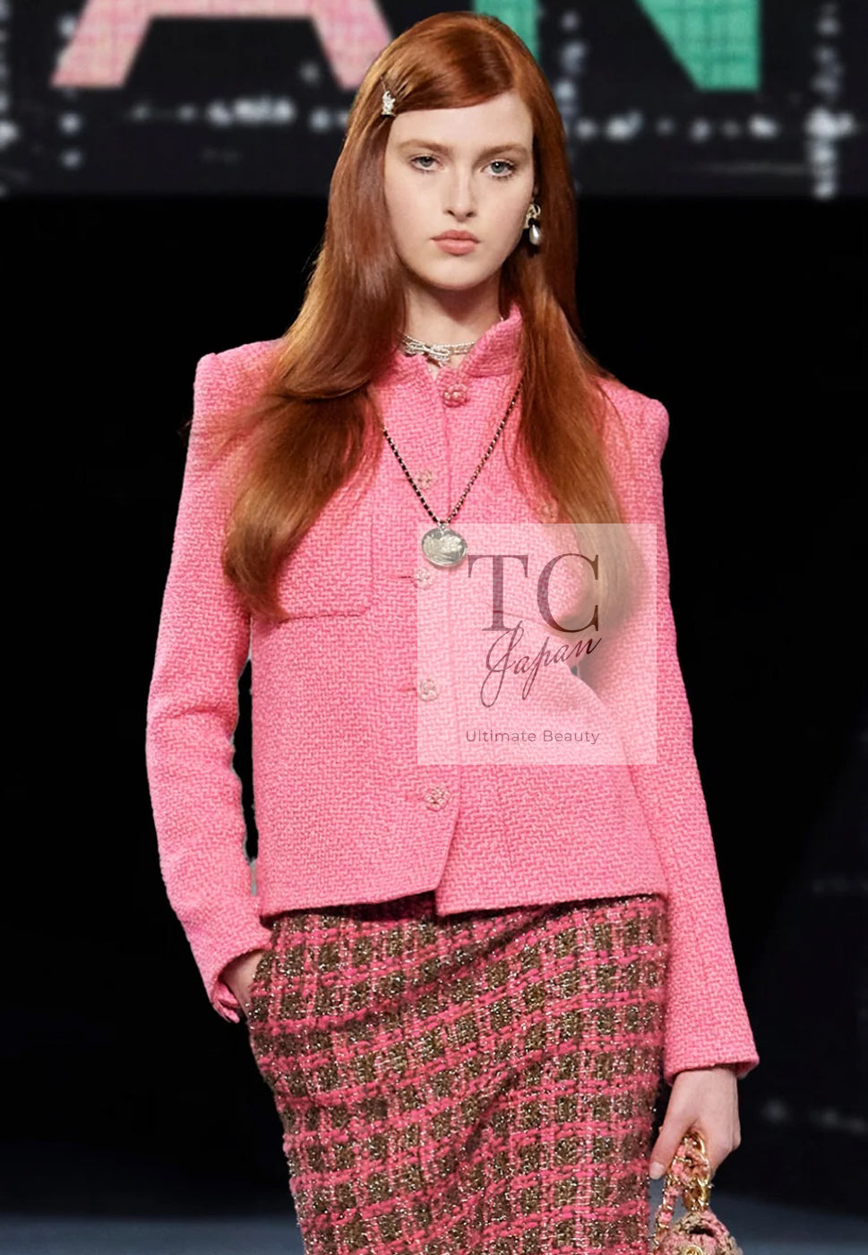 CHANEL 22A Pink Wool 100% Tweed Stand Mandarine Collar Jacket 34 36 シャネル ピンク ウール 100% ツイード マンダリン スタンド カラー ジャケット 即発