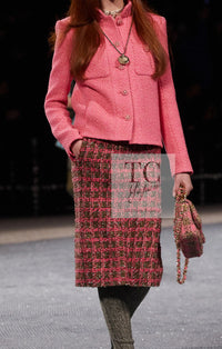 CHANEL 22A Pink Wool 100% Tweed Stand Mandarine Collar Jacket 34 36 シャネル ピンク ウール 100% ツイード マンダリン スタンド カラー ジャケット 即発