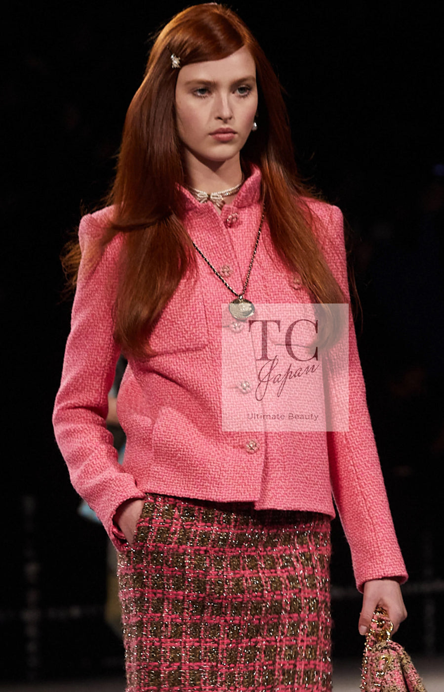 CHANEL 22A Pink Wool 100% Tweed Stand Mandarine Collar Jacket 34 36 シャネル ピンク ウール 100% ツイード マンダリン スタンド カラー ジャケット 即発
