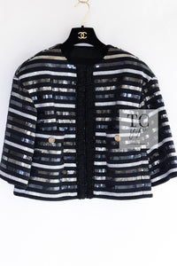 CHANEL 22C Black Sequin Glitter Stretch Jersey Jacket 38 40 42 シャネル ブラック スパンコール グリッター ストレッチ ジャージー ノーカラー ジャケット 即発