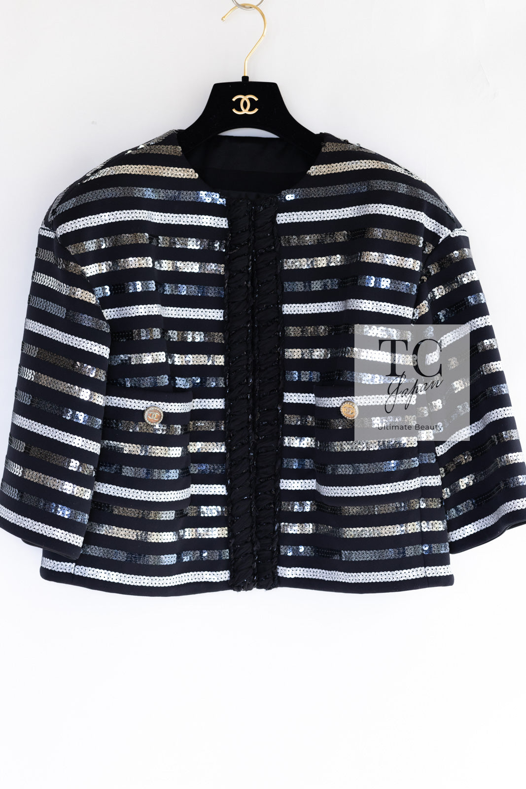 CHANEL 22C Black Sequin Glitter Stretch Jersey Jacket 38 40 42 シャネル ブラック スパンコール グリッター ストレッチ ジャージー ノーカラー ジャケット 即発