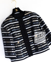 CHANEL 22C Black Sequin Glitter Stretch Jersey Jacket 38 40 42 シャネル ブラック スパンコール グリッター ストレッチ ジャージー ノーカラー ジャケット 即発