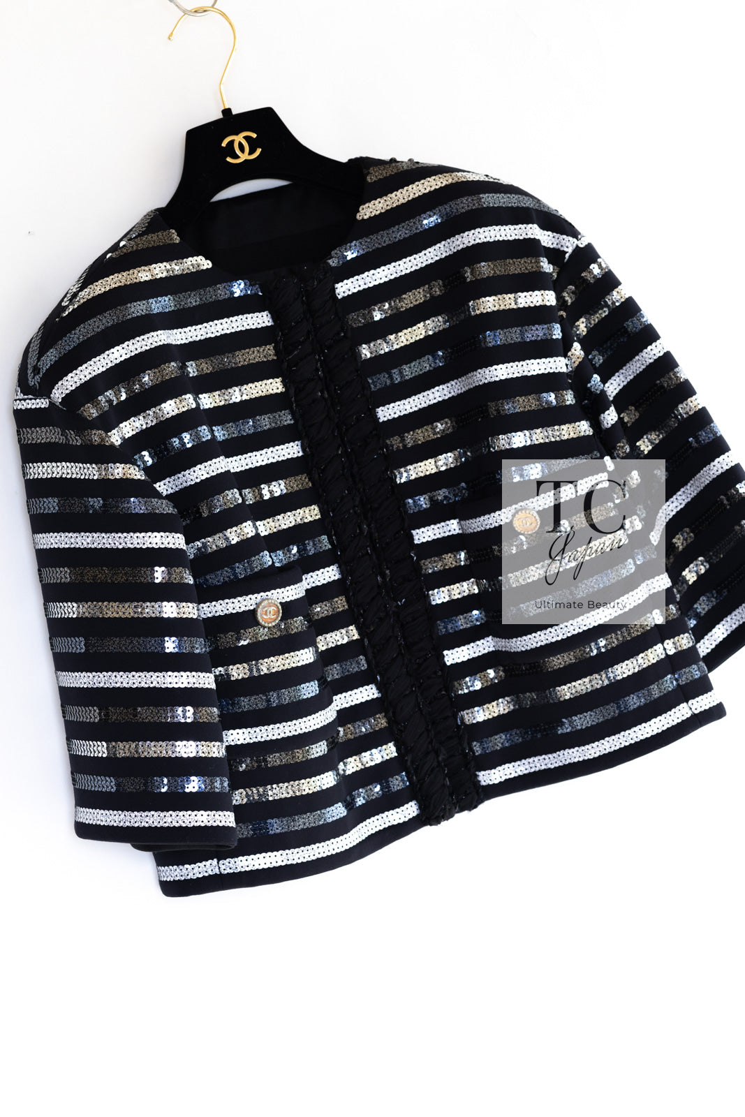 CHANEL 22C Black Sequin Glitter Stretch Jersey Jacket 38 40 42 シャネル ブラック スパンコール グリッター ストレッチ ジャージー ノーカラー ジャケット 即発