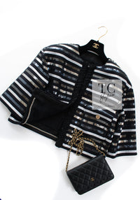 CHANEL 22C Black Sequin Glitter Stretch Jersey Jacket 38 40 42 シャネル ブラック スパンコール グリッター ストレッチ ジャージー ノーカラー ジャケット 即発