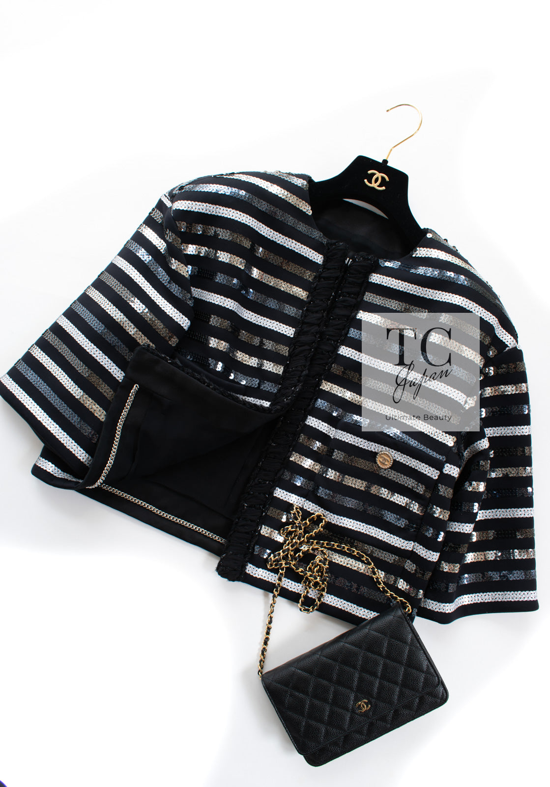 CHANEL 22C Black Sequin Glitter Stretch Jersey Jacket 38 40 42 シャネル ブラック スパンコール グリッター ストレッチ ジャージー ノーカラー ジャケット 即発