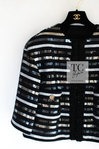 CHANEL 22C Black Sequin Glitter Stretch Jersey Jacket 38 40 42 シャネル ブラック スパンコール グリッター ストレッチ ジャージー ノーカラー ジャケット 即発