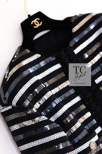 CHANEL 22C Black Sequin Glitter Stretch Jersey Jacket 38 40 42 シャネル ブラック スパンコール グリッター ストレッチ ジャージー ノーカラー ジャケット 即発