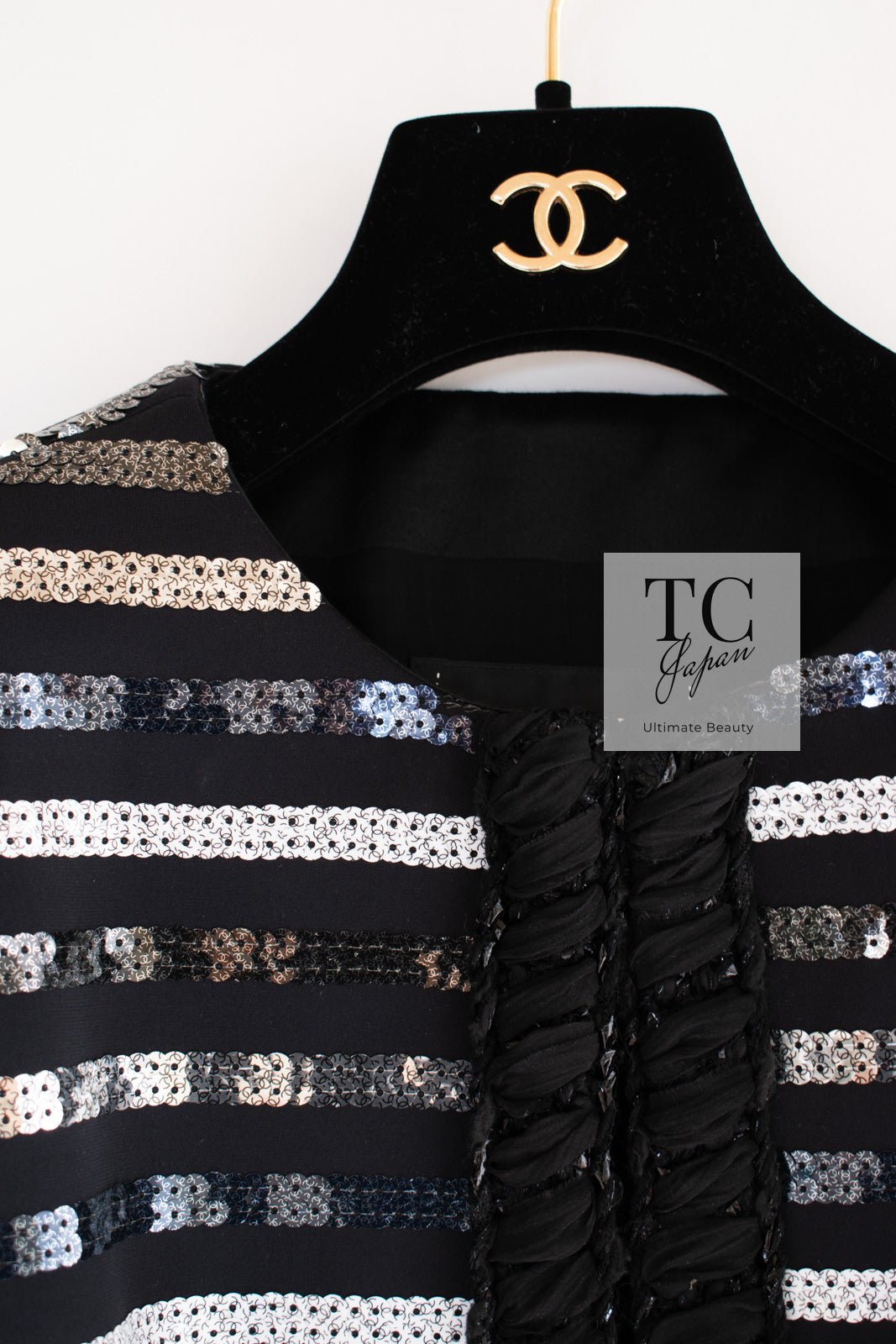CHANEL 22C Black Sequin Glitter Stretch Jersey Jacket 38 40 42 シャネル ブラック スパンコール グリッター ストレッチ ジャージー ノーカラー ジャケット 即発
