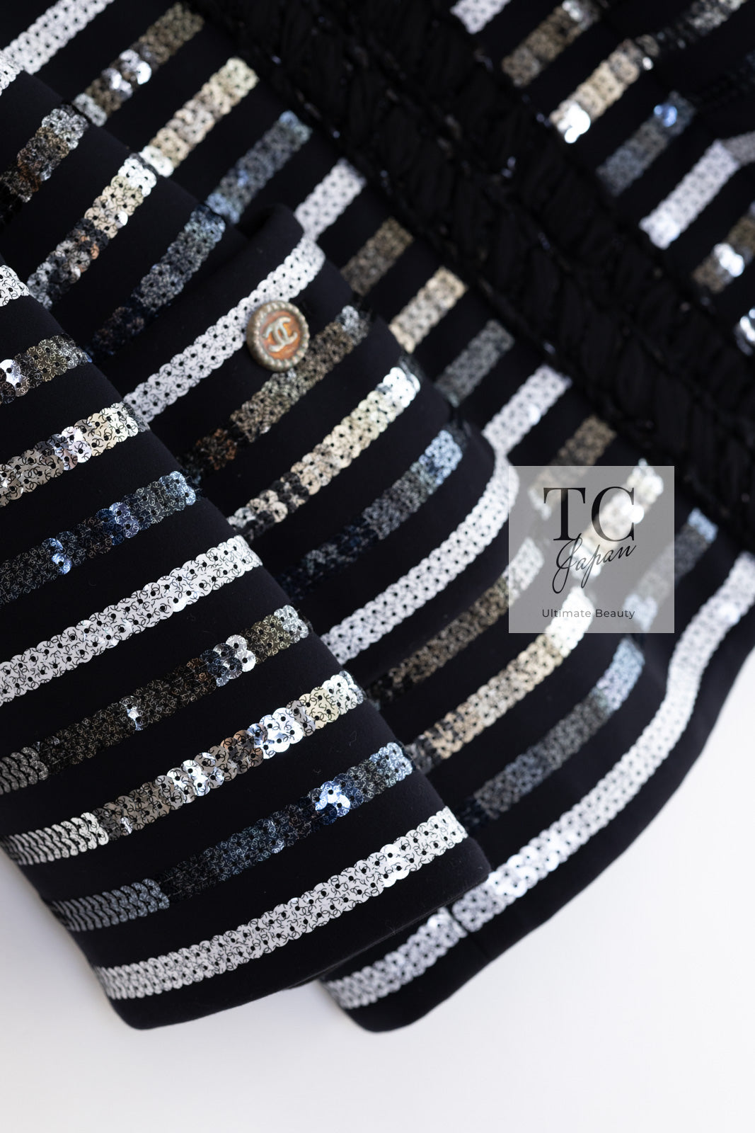 CHANEL 22C Black Sequin Glitter Stretch Jersey Jacket 38 40 42 シャネル ブラック スパンコール グリッター ストレッチ ジャージー ノーカラー ジャケット 即発