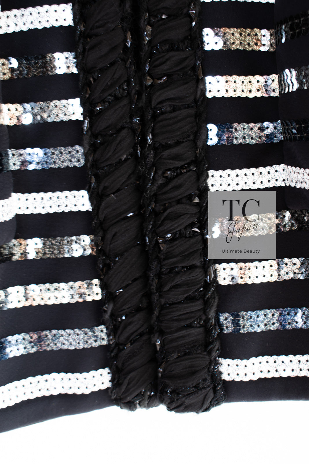 CHANEL 22C Black Sequin Glitter Stretch Jersey Jacket 38 40 42 シャネル ブラック スパンコール グリッター ストレッチ ジャージー ノーカラー ジャケット 即発
