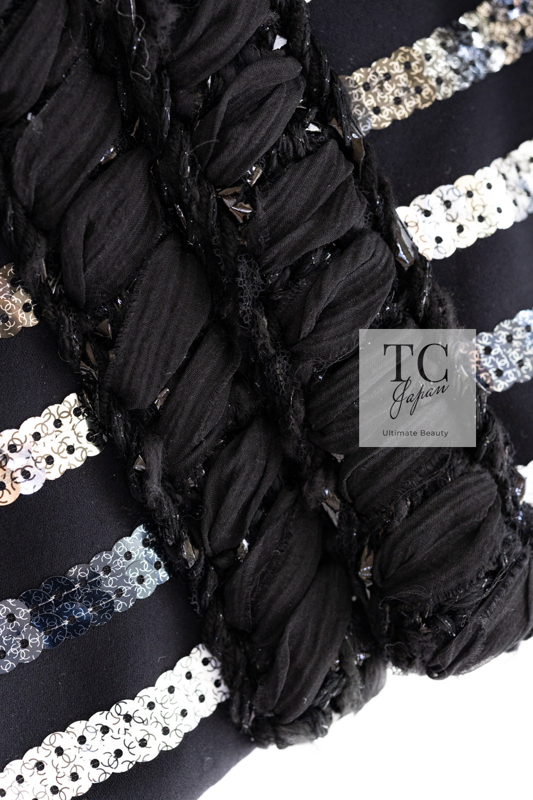 CHANEL 22C Black Sequin Glitter Stretch Jersey Jacket 38 40 42 シャネル ブラック スパンコール グリッター ストレッチ ジャージー ノーカラー ジャケット 即発