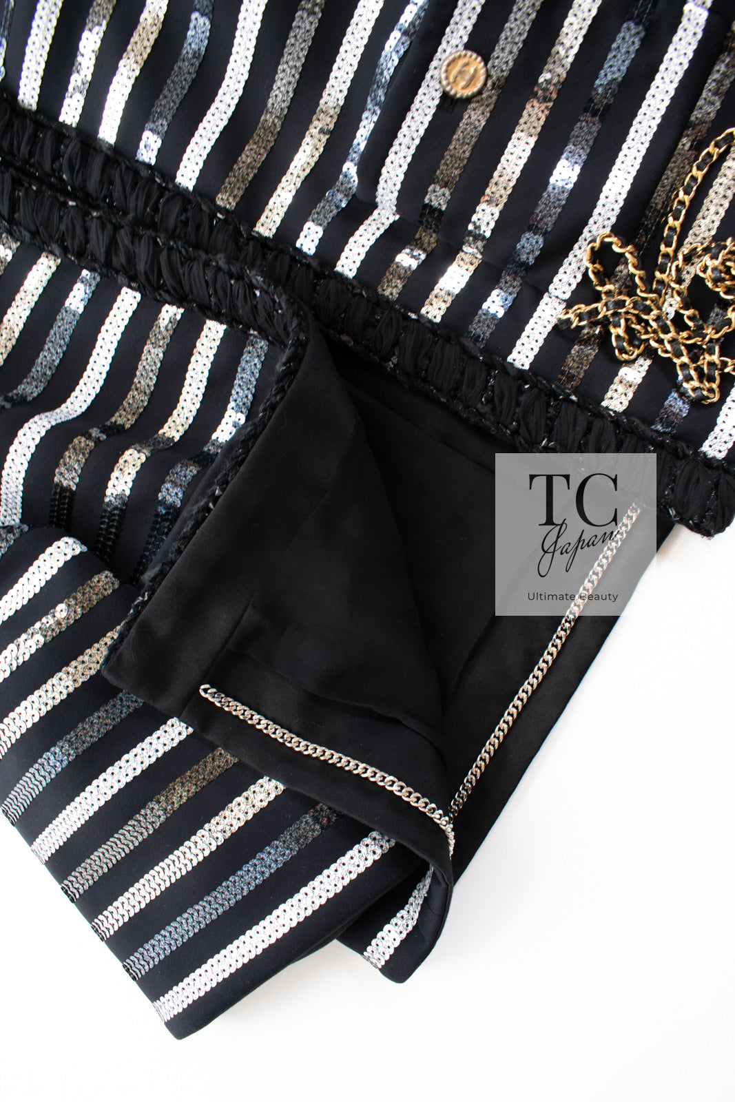 CHANEL 22C Black Sequin Glitter Stretch Jersey Jacket 38 40 42 シャネル ブラック スパンコール グリッター ストレッチ ジャージー ノーカラー ジャケット 即発